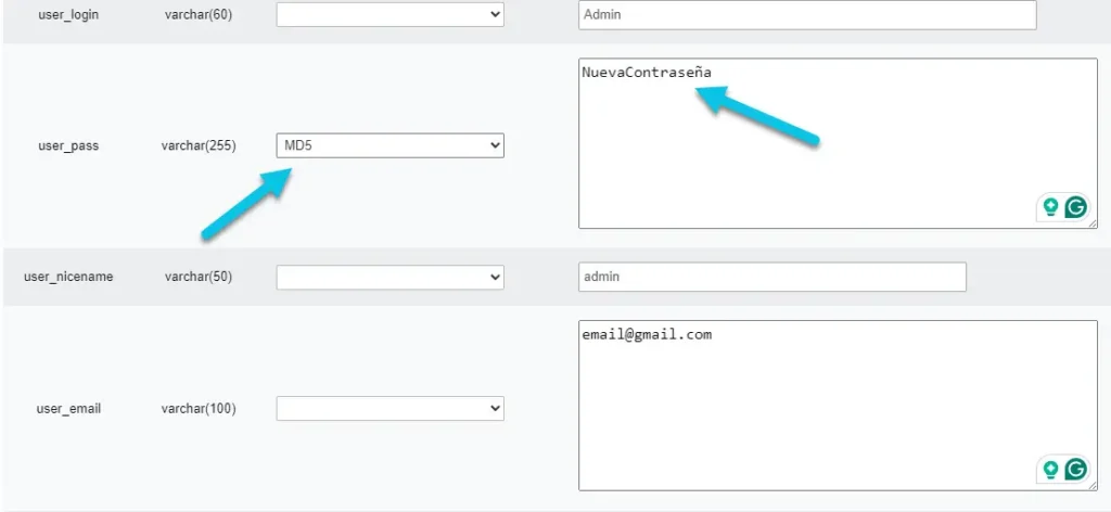 Cambio de contraseña en phpMyAdmin.