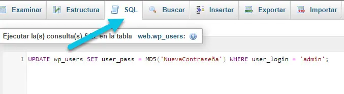 Cambio de contraseña vía la pestaña de SQL.
